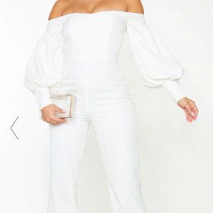 White Off the Shoulder Long Sleeve Corset Jumpsuit